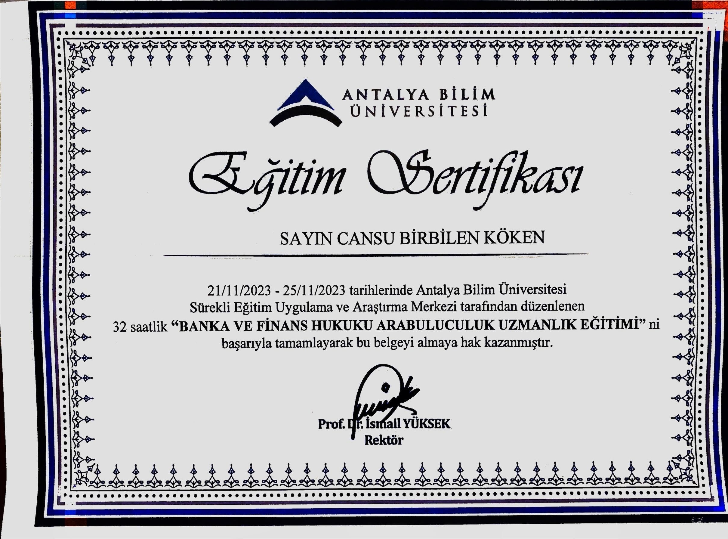 Banka ve Finans Hukuku Uzman Arabuluculuk Sertifikası