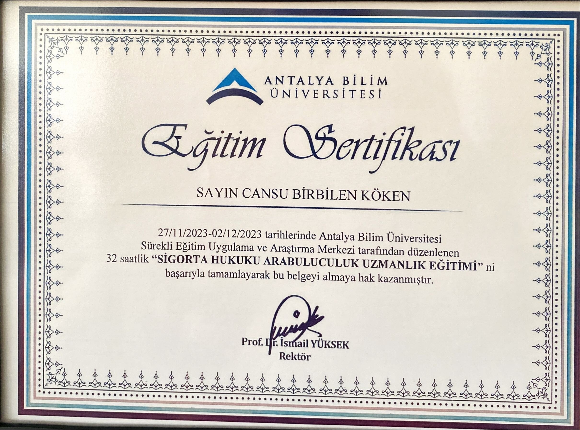 Sigorta Hukuku İleri Uzmanlık Arabuluculuk Sertifikası